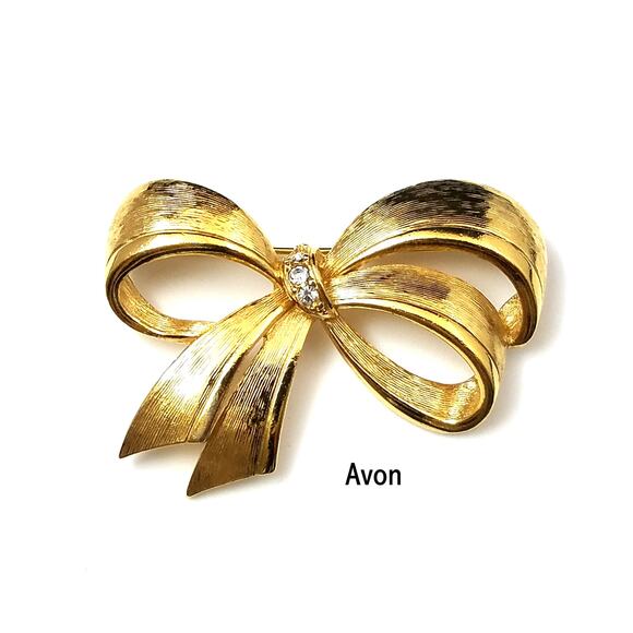 Avon Bow Brooch, Gold Plated, Clear Rhinestones, 1960s Jewelry - Picture 2 of 10